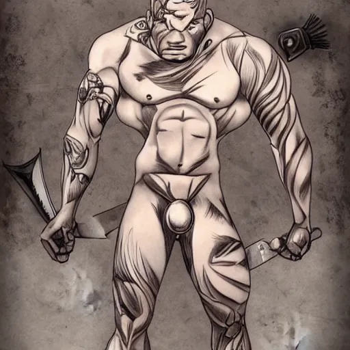 Image similar to muscular bald man, tattooed body, sword in hands, HD, anime style,