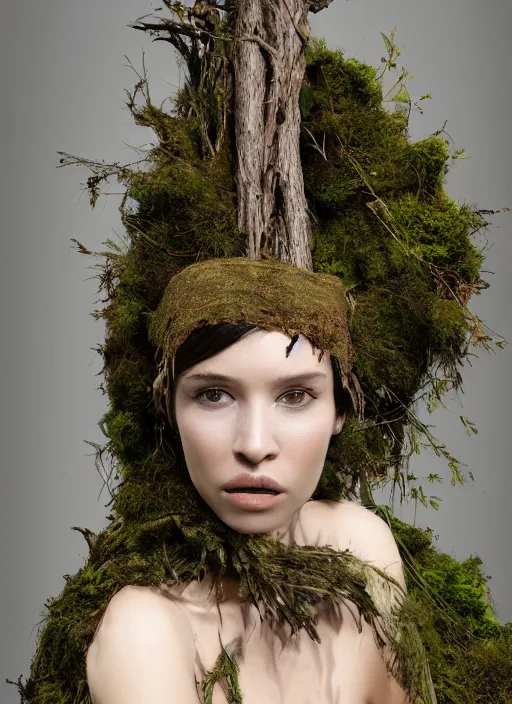 Prompt: a photo of a female model, organic headpiece, dried fern, dried vines, horn, dried moss, fashion photography, realistic, hyperdetails, dark grey backdrop studio, body draped in moss, costume made of tree bark and moss, no clothes