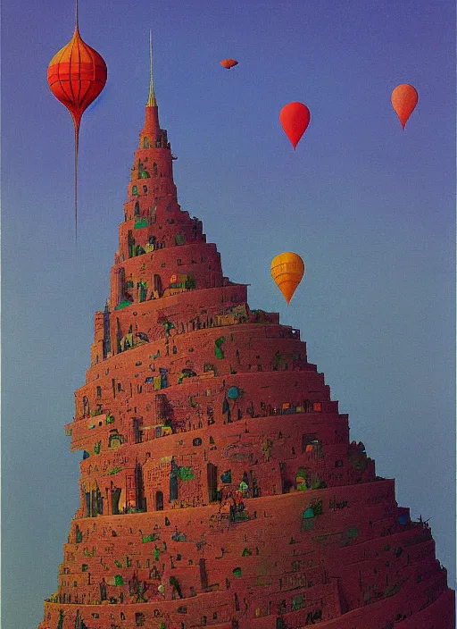 Image similar to tower of babel with birthday baloons Edward Hopper and James Gilleard, Zdzislaw Beksinski highly detailed