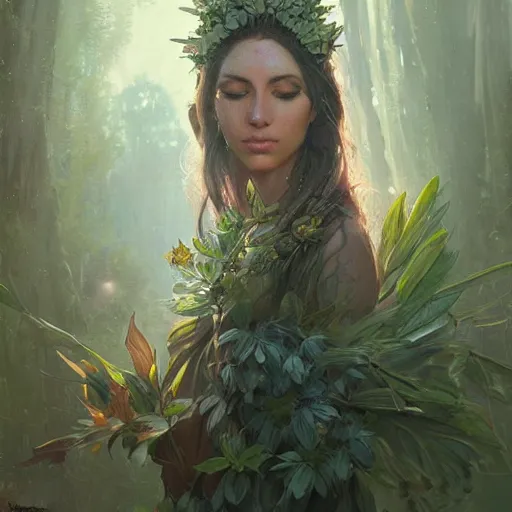 Prompt: a beautiful portrait of a plant goddess by Greg Rutkowski and Raymond Swanland, Trending on Artstation, ultra realistic digital art