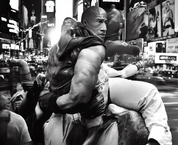 Image similar to Dwayne the Rock Johnson riding on the back of Adam Sandler, doing Methamphetamine at Times Square, photograph by Alfred Eisenstaedt, 4K, dramatic lighting; 4K 8K