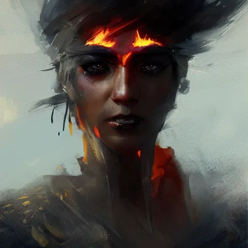 Prompt: a pirate with golden eyes, black coat and flaming hair, painting by greg rutkowski, trending on artstation concept art