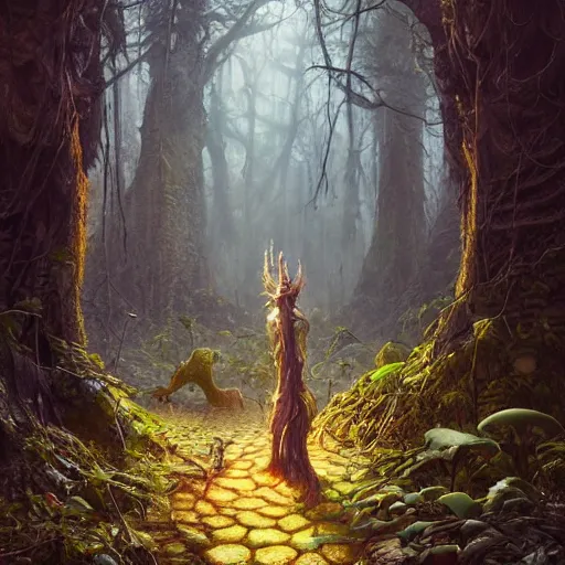 Image similar to highly detailed creepy forest humanoide creature in robes, stephen bliss, unreal engine, fantasy art by greg rutkowski, loish, rhads, ferdinand knab, makoto shinkai and lois van baarle, ilya kuvshinov, rossdraws, tom bagshaw, global illumination, radiant light, detailed and intricate environment