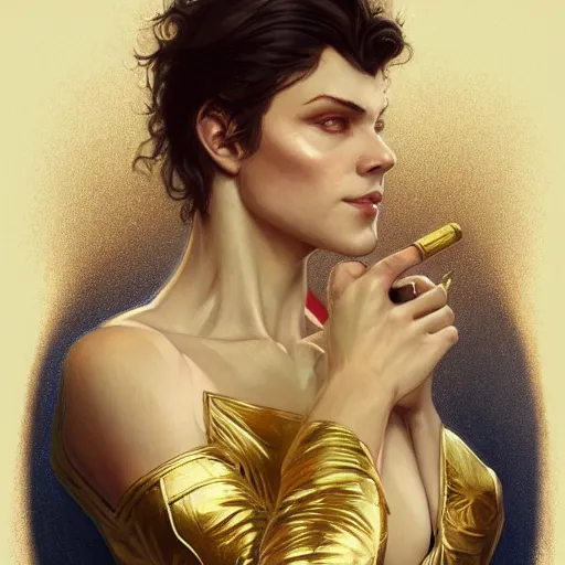 Image similar to Sandman with a gold suit, portrait, intricate, elegant, highly detailed, digital painting, artstation, concept art, smooth, sharp focus, illustration, art by artgerm and greg rutkowski and alphonse mucha