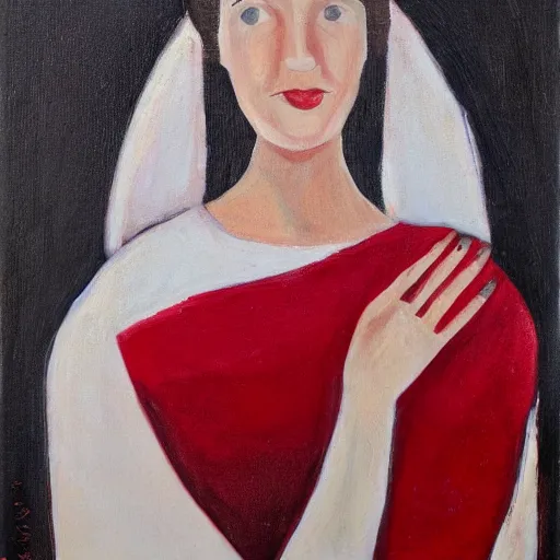 Prompt: portrait of a woman wearing white and red, by leslie thrasher