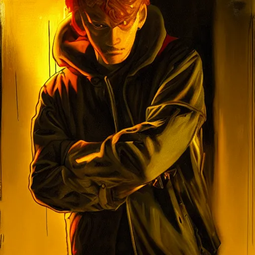 Image similar to ginger cyberpunk man with a determined expression, chiaroscuro portrait