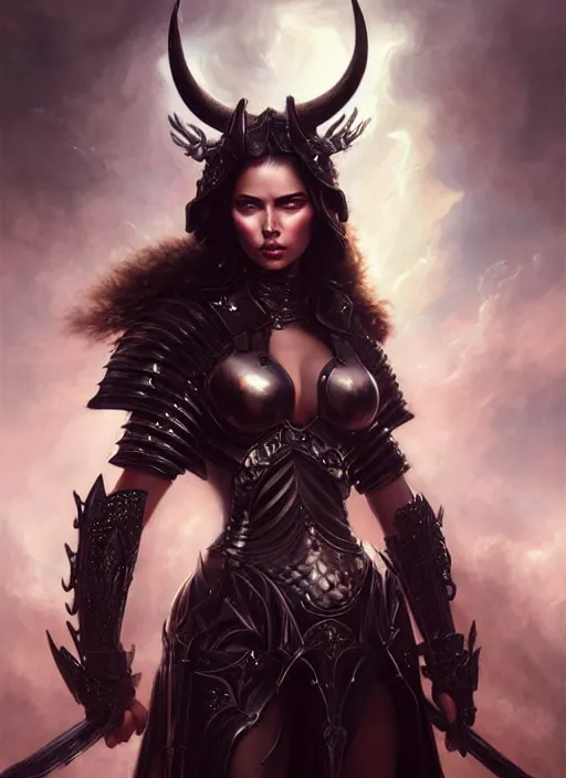 Image similar to a beautiful woman with horns and armor, victorian armor, adriana lima, painted by artgerm and tom bagshaw, fantasy art, dramatic lighting, highly detailed oil painting, volumetric lighting