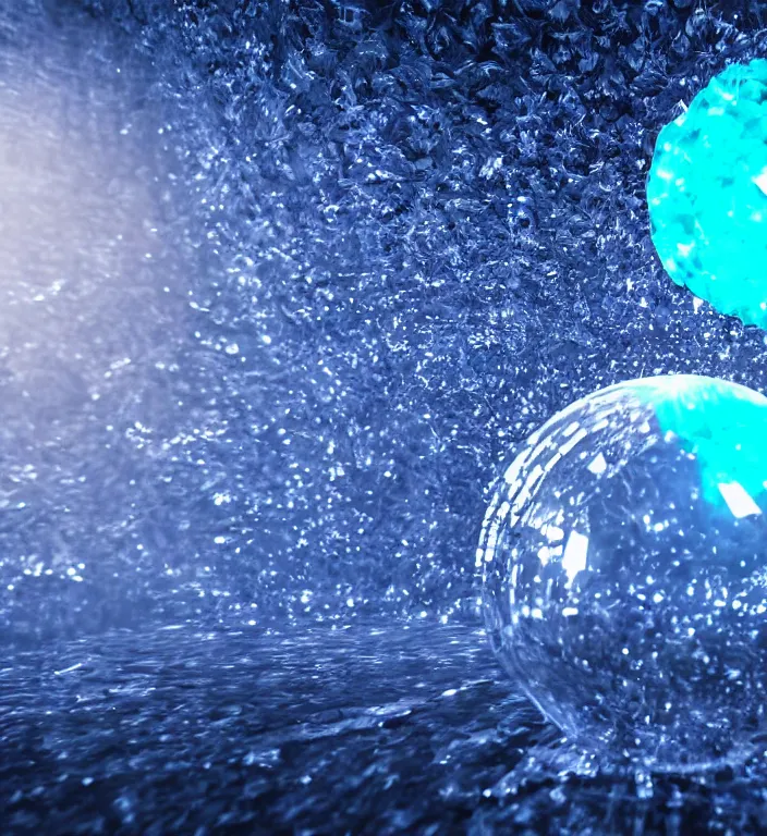 Image similar to a magical illustration of a faceted crystal ball in water + prism + god rays + dramatic lightning + backlit + specular highlights + ambient occlusion + global illumination + bump map + reflective + caustics + refractive + unreal engine 5 + DOF + sharp focus