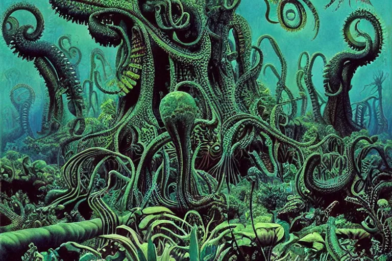 Image similar to lovecraftian jungles, another world by Roger Dean and Ernst Haeckel