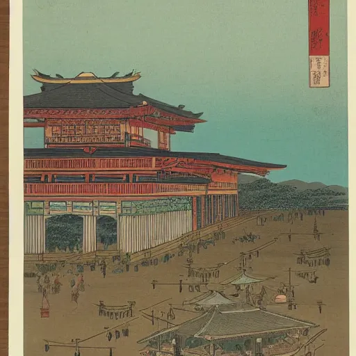 Prompt: late meiji period, colored woodblock print, ottoman palace, minarets