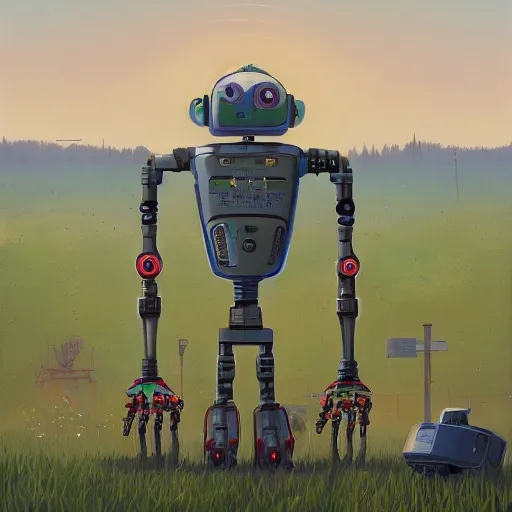 Prompt: A robot planting human heads, art by Simon Stalenhag, 4k