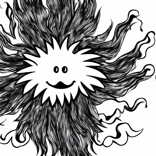 Image similar to fluffy exploding popcorn elemental spirit, in the style of a manga character, with a smiling face and flames for hair, sitting on a lotus flower, white background, simple, clean composition, symmetrical
