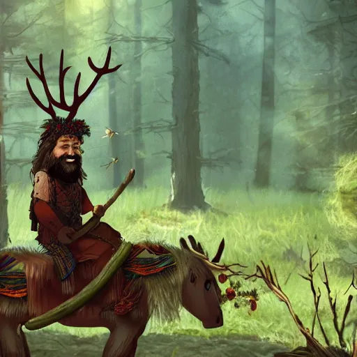 Image similar to hippie tribal hobo wearing twigs and leaves smiling sheepishly, riding tiny scuffy donkey with novelty oversized antlers, autumn forest, highly detailed, dramatic lighting, night time, cinematic, hyperrealistic, detailed, movie still from game of thrones