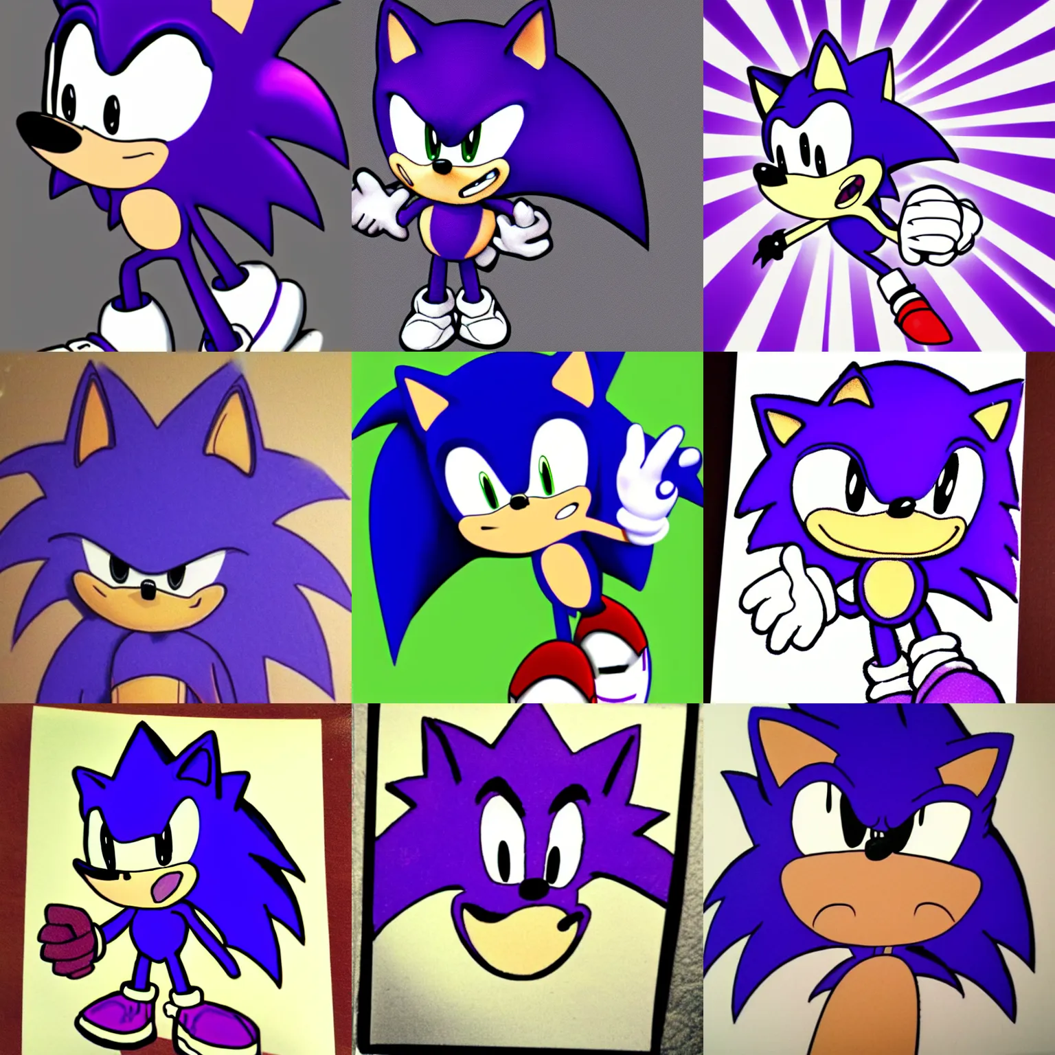 Prompt: poorly drawn picture of a purple sonic the hedgehog