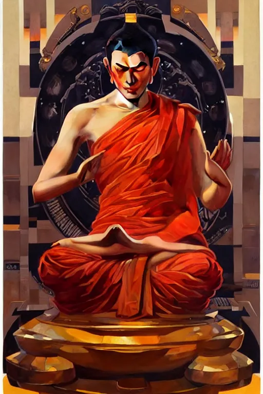Prompt: buddhism, male, futurism, painting by greg rutkowski, j. c. leyendecker, artgerm