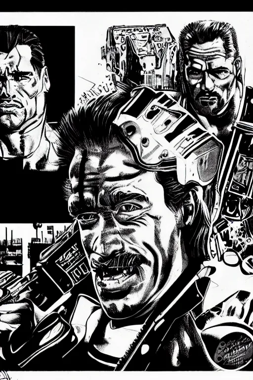 Image similar to arnold schwarzenegger, a page from cyberpunk 2 0 2 0, style of paolo parente, style of mike jackson, adam smasher, johnny silverhand, 1 9 9 0 s comic book style, ink drawing, black and white