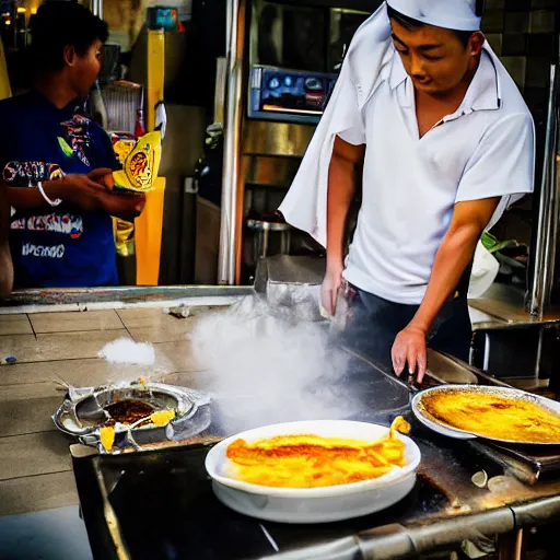 Image similar to a photograph of pikachu, with a towel over his neck, flipping roti prata at a hawker stall in singapore, nikkor 3 5 mm f / 4. 5, press photography - c 5 0