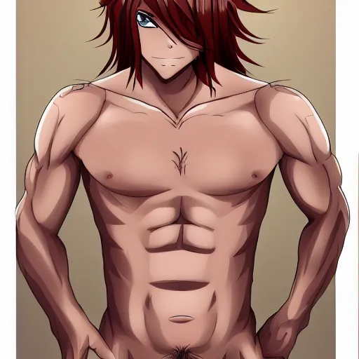 Image similar to bare-chested man, rusty colored long hair, anime, high details,