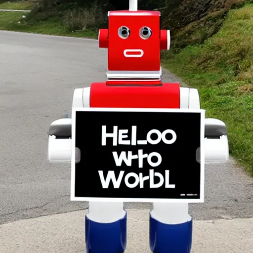 Image similar to a robot holding a sign that reads 'hello world'