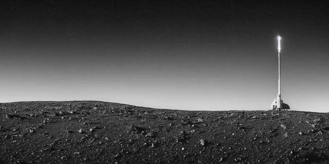 Prompt: 1 7 mm, black and white photo of a rocket landing on bright mars, black background with stars, cinematic film still, high contrast, astrophotography, 4 k