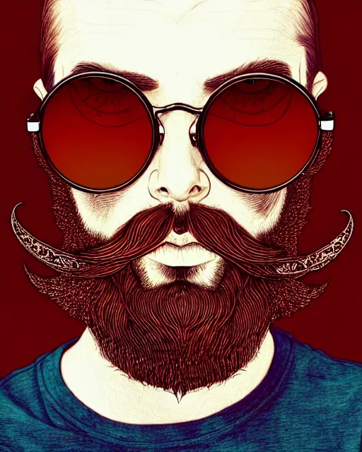 Prompt: detailed hipster skinny man with star sunglasses, long vibrant red fires beard, dmt, by james gurney + intricate and vibrant work + portrait + trending on artstation + incredible gothic illustration + exquisite detail