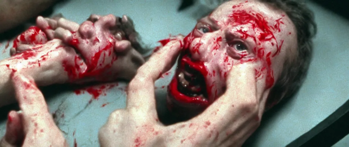Image similar to filmic closeup dutch angle movie still 4k UHD 35mm film color photograph of a screaming horrified doctor looking down at his freshly amputated hand, where his wrist has been freshly severed, blood is gushing from the wound in the style of a 1980s horror movie
