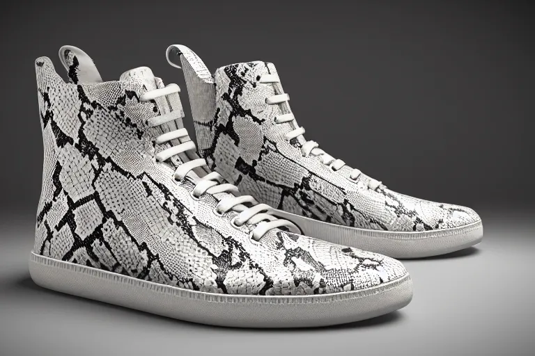 Image similar to single snakeskin hightop sneaker on a white surface, clean 3 d render, beautiful studio lighting, soft, sharp focus, intricate detail, gold filigree, art by iris van herpen