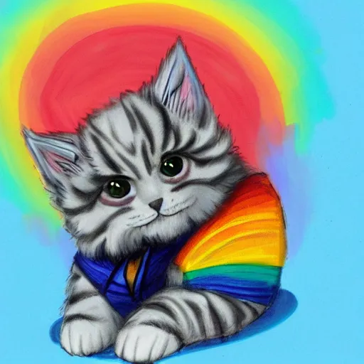 Image similar to wide angle full body, of a fluffy cute rainbow kitten wearing a black motorcycle jacket, concept art