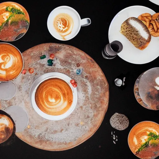 Image similar to the planetary system made our of food on a cafe table, photography, 4 k photo