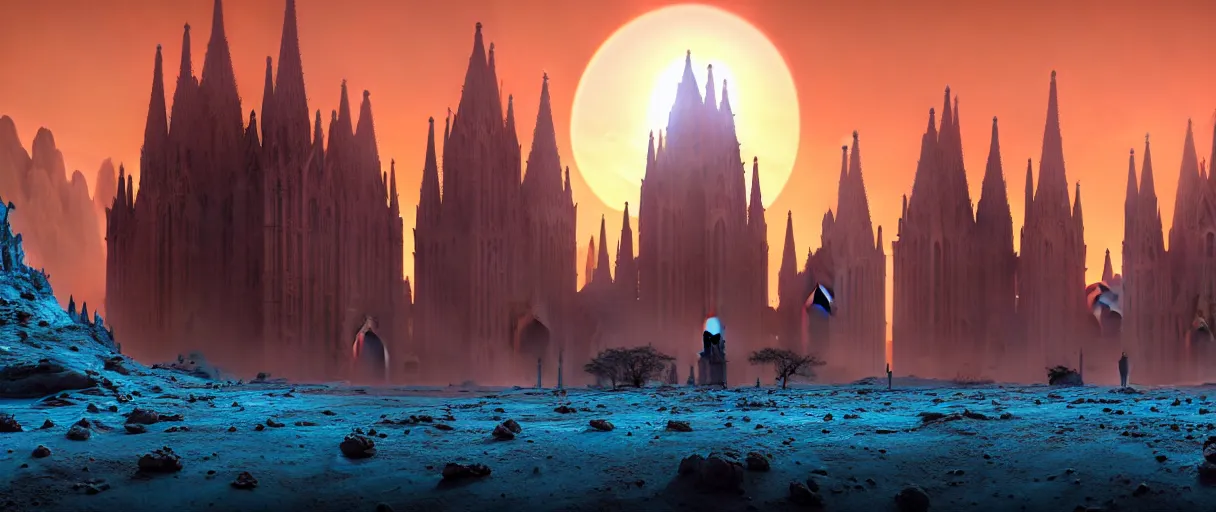 Prompt: hyperrealistic hyper detailed sunrise shot of neo-gothic monastery on mars surrounded by giant blue trees matte painting concept art maciej kuciara gustave courbet very cinematic orange lighting high angle hd 8k sharp shallow depth of field