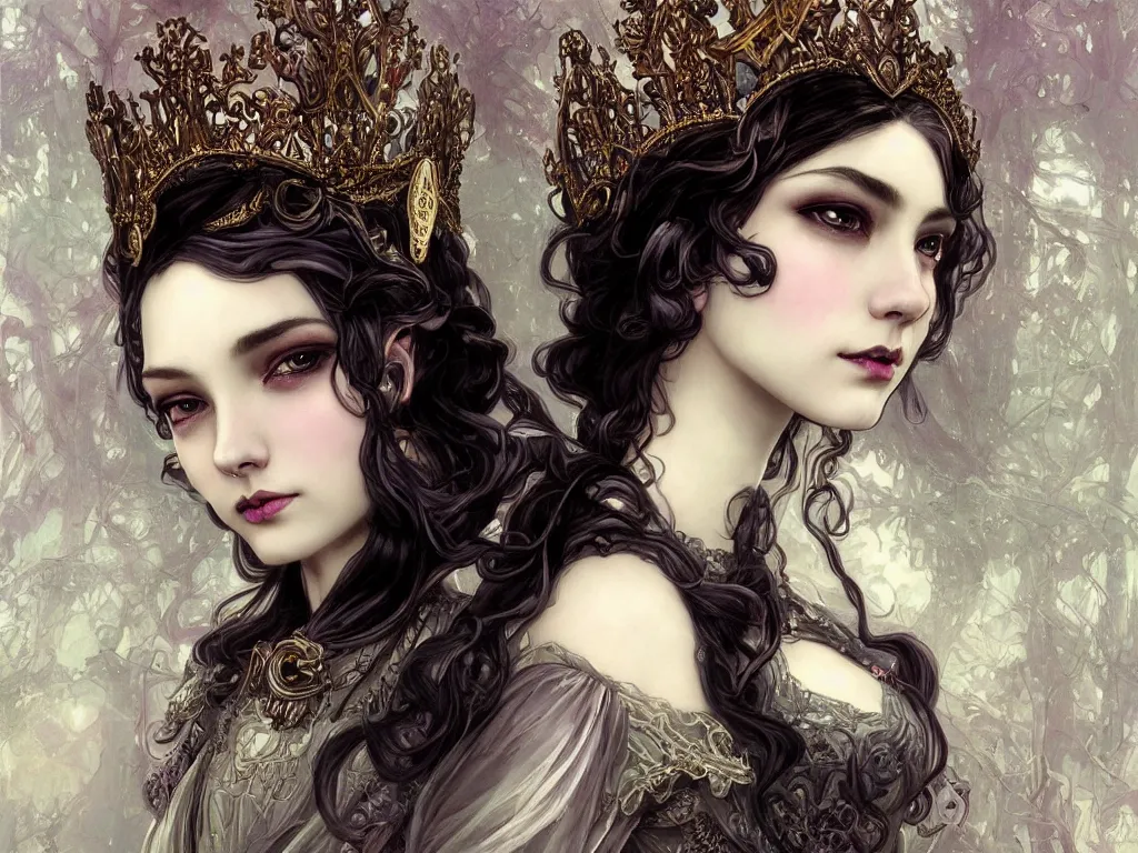 Image similar to beautiful and luxury and victorian and gothic and dieselpunk young medieval dark crown princess portrait like blackpink lisa + smoky eyes + front face with light flowing hair, ultradetail face, art and illustration by tian zi and craig mullins and wlop and alphonse mucha, fantasy, intricate complexity, human structure, human anatomy, fantasy character concept, watermark, blurry, hyperrealism 8 k