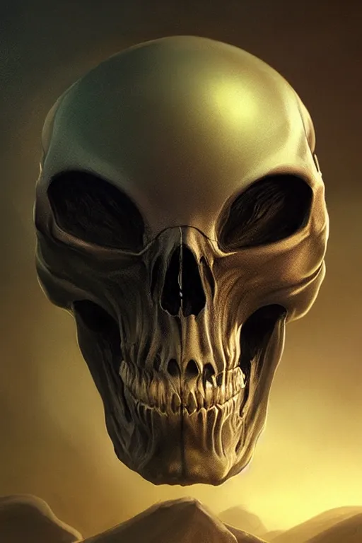 Prompt: alien skull, close - up portrait, intricate, elegant, volumetric lighting, scenery, digital painting, highly detailed, artstation, sharp focus, illustration, concept art, ruan jia, steve mccurry