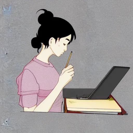 Image similar to a beautiful side view portrait of lofi girl sitting on her desktop writing something, digital art, anime, studio ghibli style