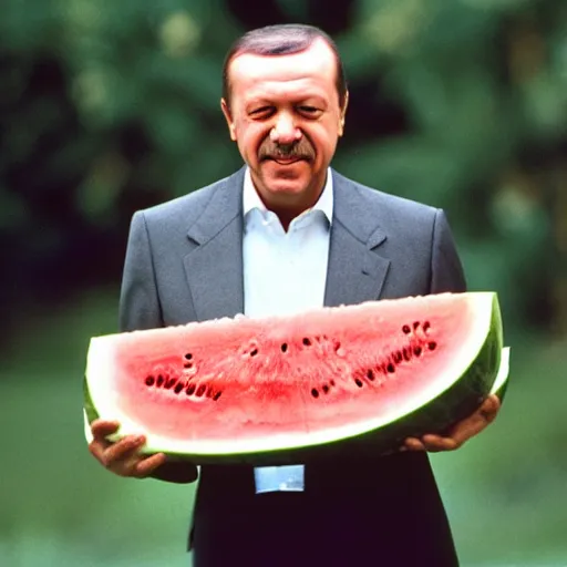 Prompt: recep tayyip erdogan smiling holding watermelon for a 1 9 9 0 s sitcom tv show, studio photograph