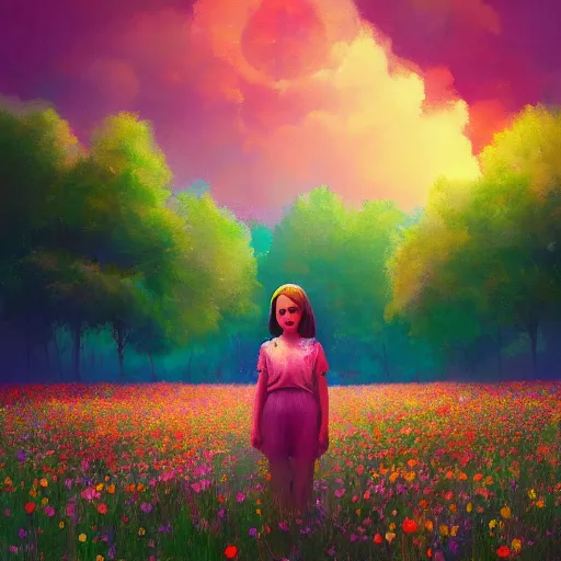 Image similar to girl with a flower face, surreal photography, dream, standing in flower field, magical, in a valley, sunrise dramatic light, impressionist painting, colorful clouds, artstation, simon stalenhag