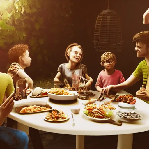 Prompt: a - happy - family - eating - dinner - at - the - table - inside - a cage, at - home, indoors, warm - sunlight, photorealistic, high - detail, octane - render, vivid, 4 k,