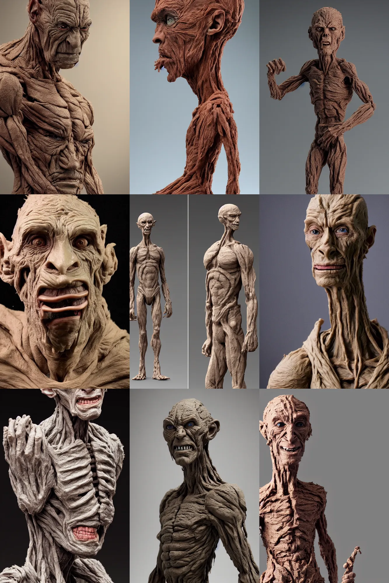 Prompt: clay sculpture of a tall humanoid with a tiny head, creepy, very detailed, stan winston studios concept, 8 k, high quality