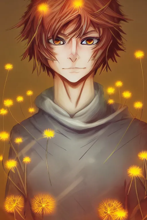 Image similar to glowing luminescent dandelion male anime character, symmetrical, highly detailed, digital art, sharp focus, trending on art station, amber eyes, autumnal colours