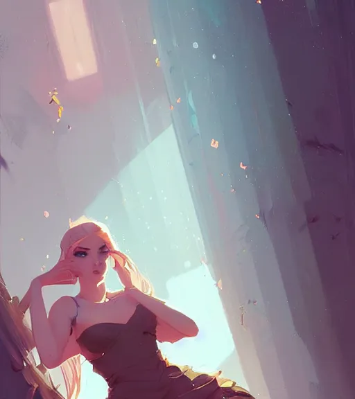 Image similar to portrait of a beautiful female fairy queen in complex and shiny dress by atey ghailan, by greg rutkowski, by greg tocchini, by james gilleard, by joe fenton, by kaethe butcher, dynamic lighting, gradient light blue, brown, blonde cream and white color scheme, grunge aesthetic