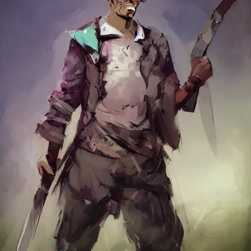 Image similar to duergar male child character portrait with pale purple skin, by Ismail Inceoglu, shabby clothes, leather pouch, wielding knife, grinning, youthful, dungeons and dragons, digital art, art