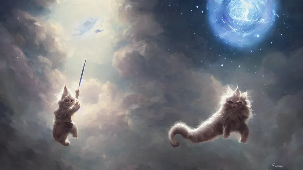 Prompt: cartoonish kitten dressed as Gandalf floating in space, bright stars, anime, a fantasy digital painting by Greg Rutkowski and James Gurney, trending on Artstation, highly detailed