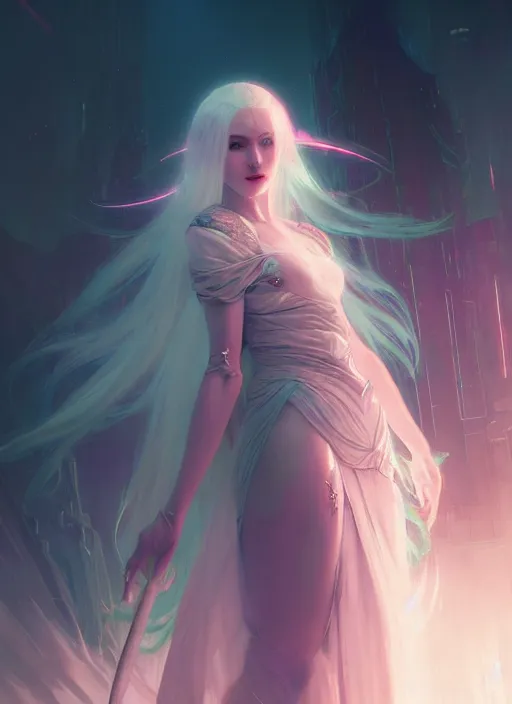 Image similar to a beautiful white haired princess, intricate concept art, ethereal, ominous, mysterious, enchanted, magic, dramatic lighting, illuminated lines, outrun, vaporware, cyberpunk darksynth, dark background, 8 k, by ruan jia and krenz cushart and alphonse mucha