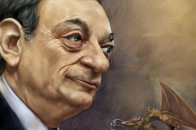 Prompt: Mario Draghi on a dragon fantasy art realistic incredible