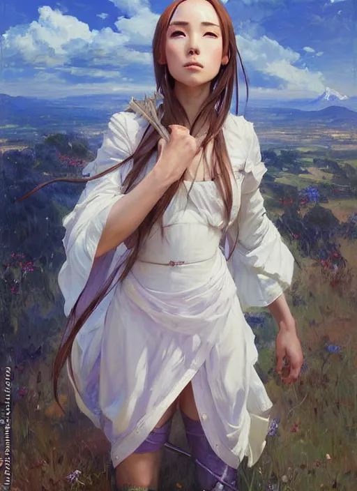 Image similar to portrait of Asuna Yuuki, countryside, fantasy character portrait, dynamic pose, above view, view from above, sunny day, thunder clouds in the sky, artwork by Jeremy Lipkin and Giuseppe Dangelico Pino and Michael Garmash and Rob Rey, very coherent symmetrical artwork, perfect face, simple form, 100mm