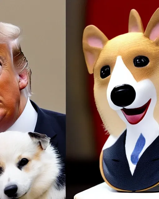 Image similar to president donald trump has a corgi head, photorealistic