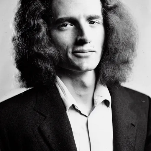 Prompt: portrait of a typical person with waist-length incredible hair by Richard Avedon, lowered eyes, smiling male, aquiline nose, nd4, 85mm, perfect location lighting