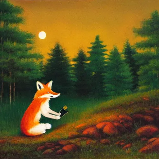 Prompt: A fox playing the piano in a meadow in The Swedish forest during the night under the moonlight, children’s book oil painting