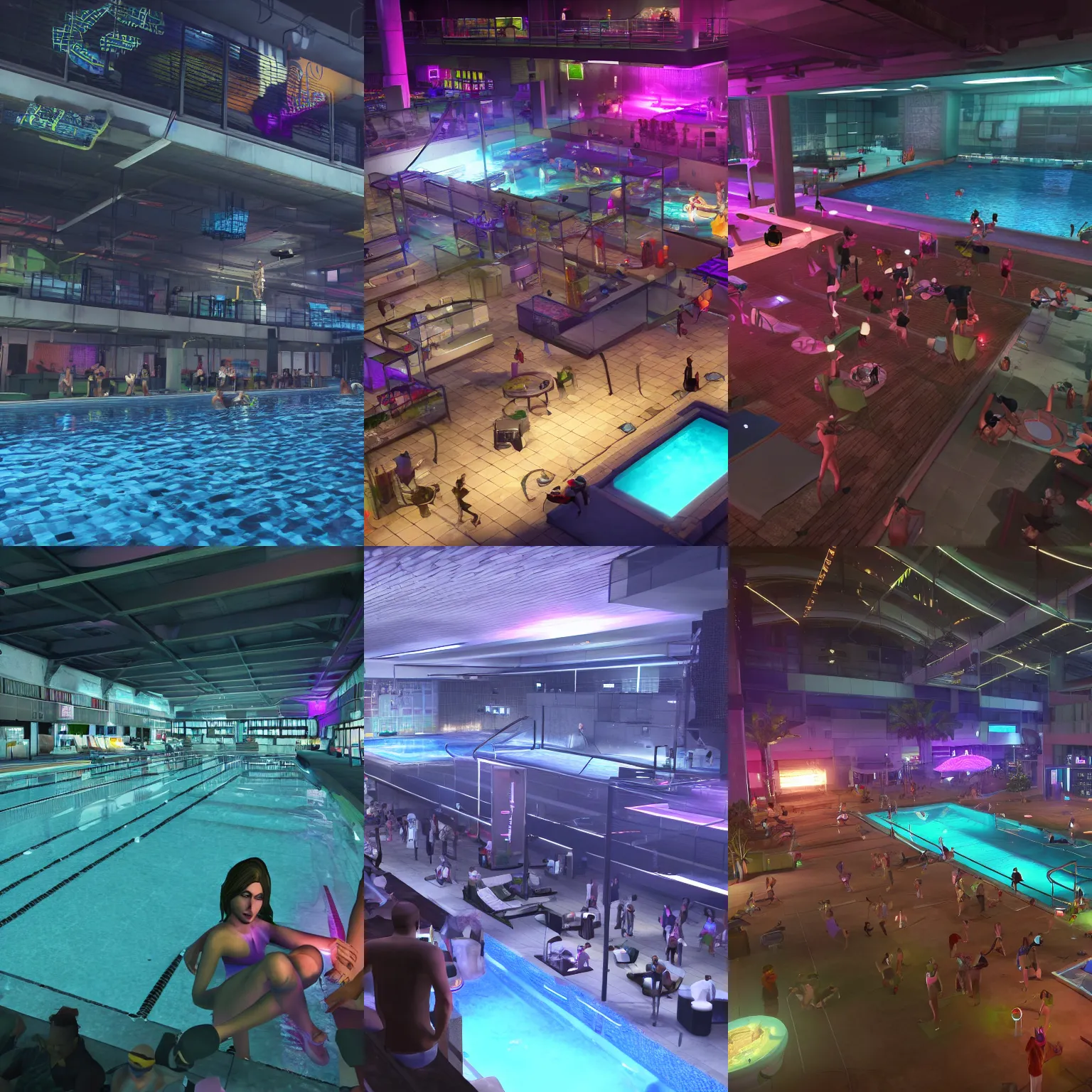 Prompt: A party full of people in a modern indoors pool with cyberpunk illumination at night . GTA V In game render 4k.