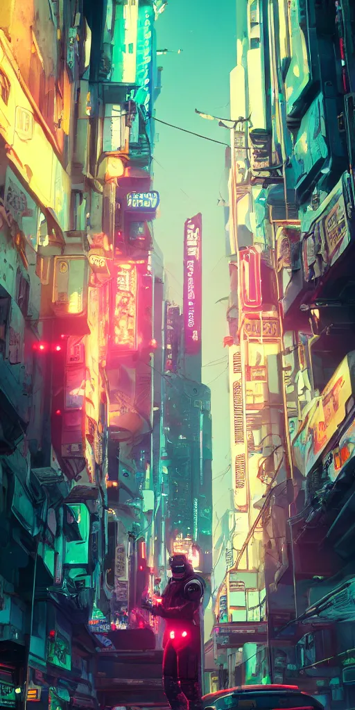 Image similar to professional photo of astronaut on cyberpunk street from low angle shot, synthwave, blade runner, hyperrealistic masterpiece, trending on artstation, cgsociety, kodakchrome, golden ratio, cinematic, composition, beautiful lighting, hyper detailed, sharp focus, octane render, 4 k, unreal engine