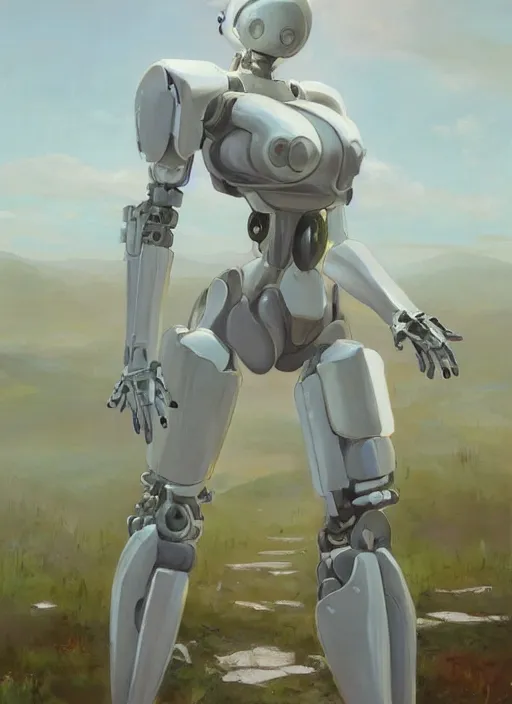 Prompt: a sensual oil painting of a giant pristine white humanoid feminine figure mecha with rounded components by simon stalenhag, inspired by nier automata, clean white lab background